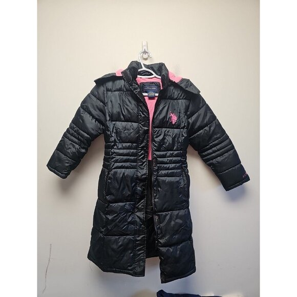 Polo Ralph Lauren Girls Black Pink Pony Puffer Down Long Jacket L 10/12 Hooded